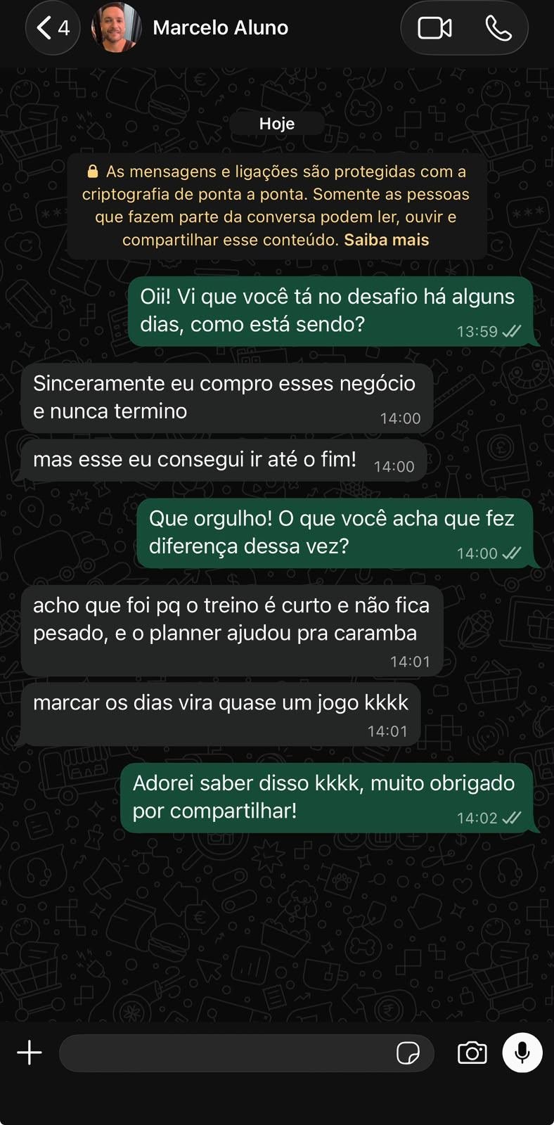 Depoimento de Marcelo, aluno do Desafio 21 Dias, em print de conversa no WhatsApp