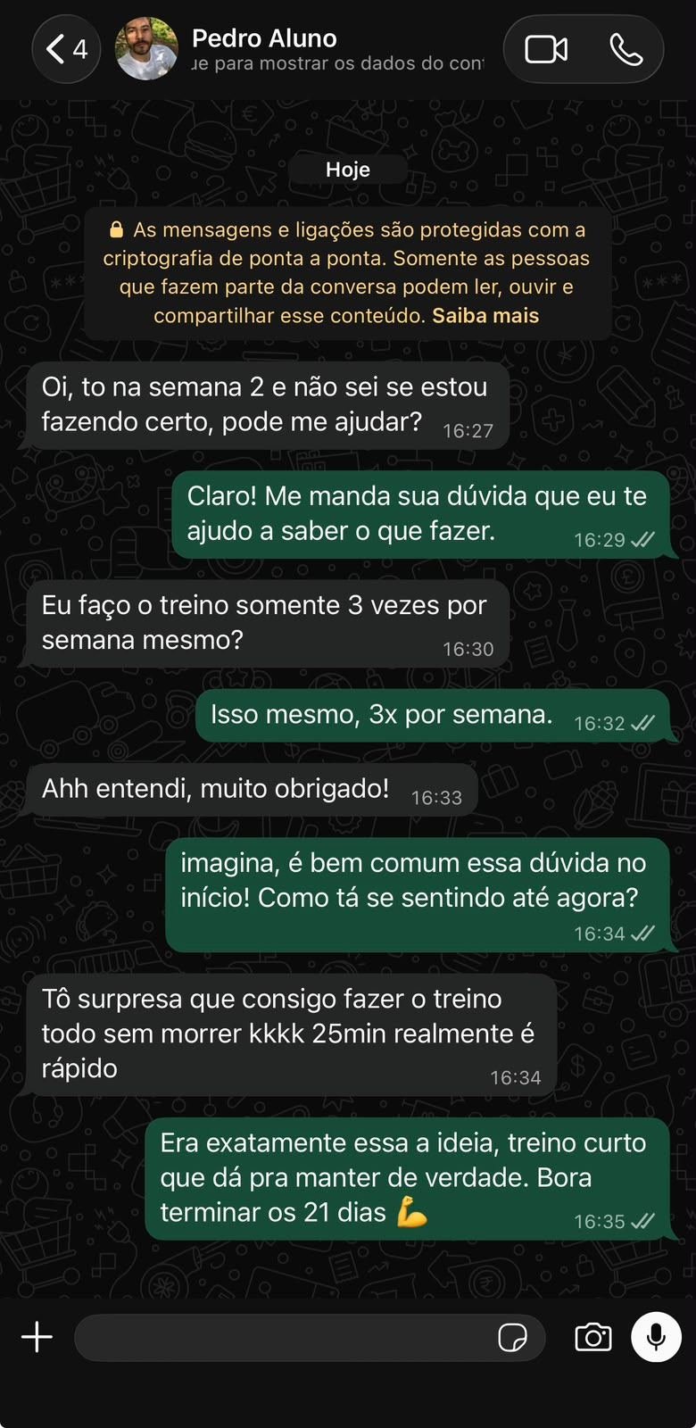 Depoimento de Pedro, aluno do Desafio 21 Dias, em print de conversa no WhatsApp