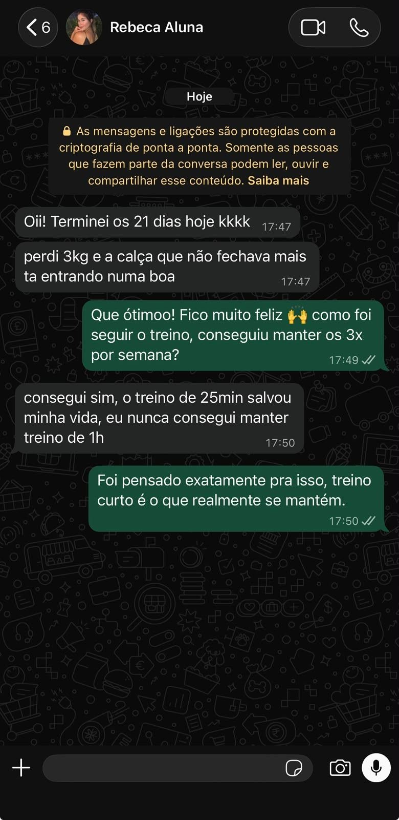 Depoimento de Rebeca, aluno do Desafio 21 Dias, em print de conversa no WhatsApp